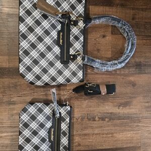 Montana West Black and White Plaid Tote Set